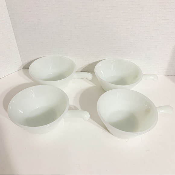 Vintage Fire King Set of Four White Milk Glass Bowls w Handles Cereal Soup Chili - Picture 1 of 7